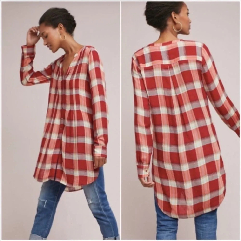 ANTHRO AKEMI + KIN Lucie Plaid Red Flannel Longlined Buttondown Top Tunic